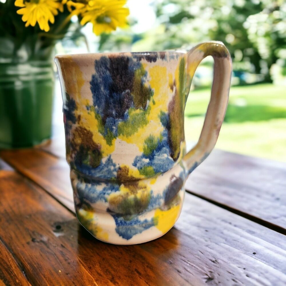 Skyline Drive Studio Pottery Mug Hand Painted Splatter Blue Yellow Green Boho